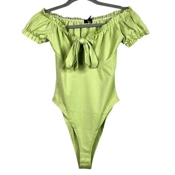 NEW Ruffled Off Shoulder Tie Key Hole Bodysuit Puff Sleeves Snap Crotch S Green - Picture 12 of 14